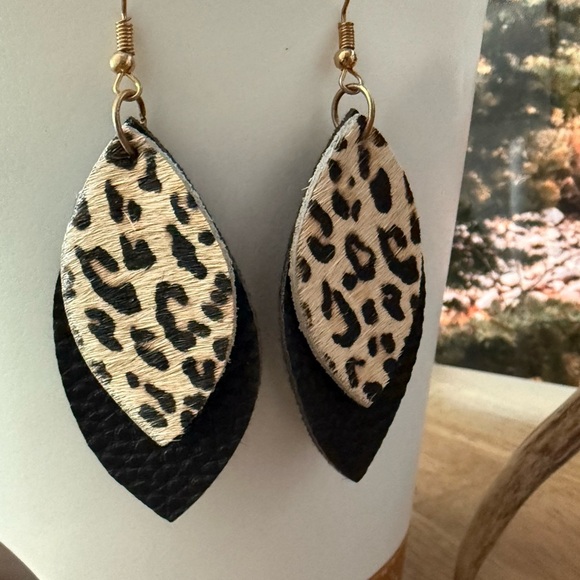 Leopard Print Earrings - Double-Layer Faux Leather and Felted Teardrop - Picture 1 of 6